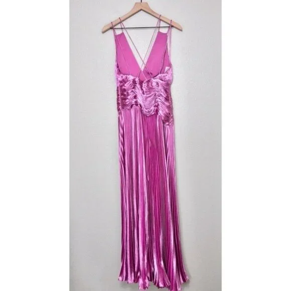 NWT AiiFOS Vera Pleated Metallic Gown 8 Pink Magenta Plisse Ruched Slit Formal - Picture 9 of 14